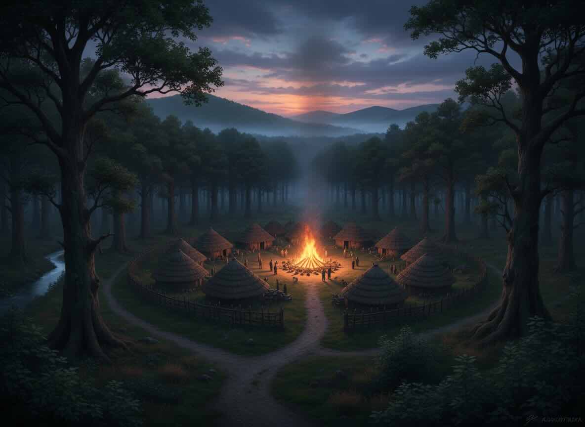 Illustration eines keltischen Dorfes in dessen Mitte ein großes Fest-Feuer brennt