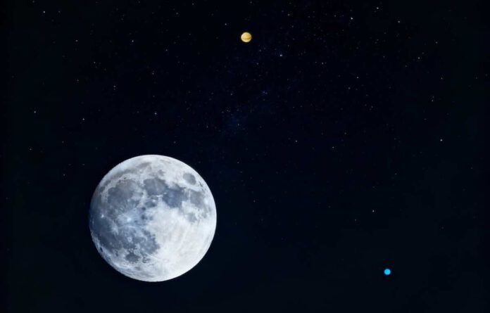 Künstlerische Darstellulng: Mond, Saturn und Neptun in einer seltenen Dreickskonstellation Anfang November 2025