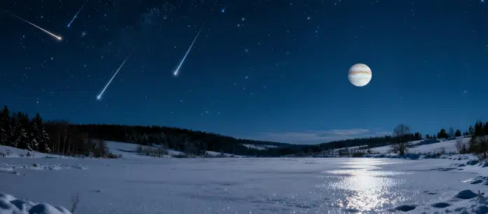 Künstlerische Darstellung: Sternhimmel mit Jupiter und Sternschnuppen